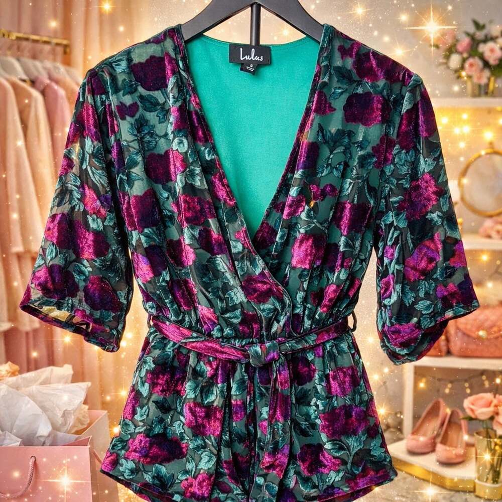 Lulus Completely Enamored Green Floral Burnout Velvet Wrap Romper